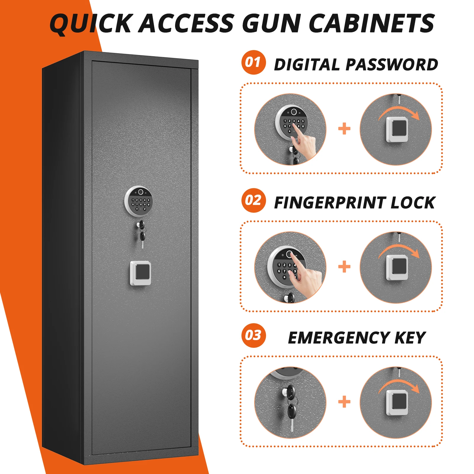 10-15 Gun Safe Cabinet with 3 Pistol Pouches,Biometric Large Gun Cabinet Locker Tall Heavy-Duty Gun Safe for Home Rifle Pistol