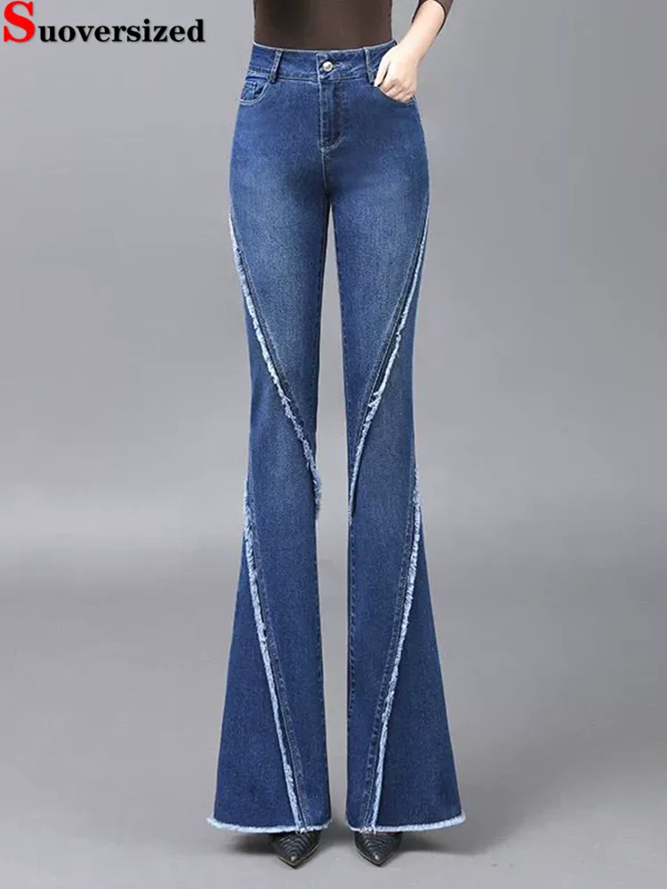 

Винтажные лоскутные джинсы Bootcut, корейские модные облегающие джинсовые брюки, брюки с высокой талией, широкие прямые женские брюки Vaqueros