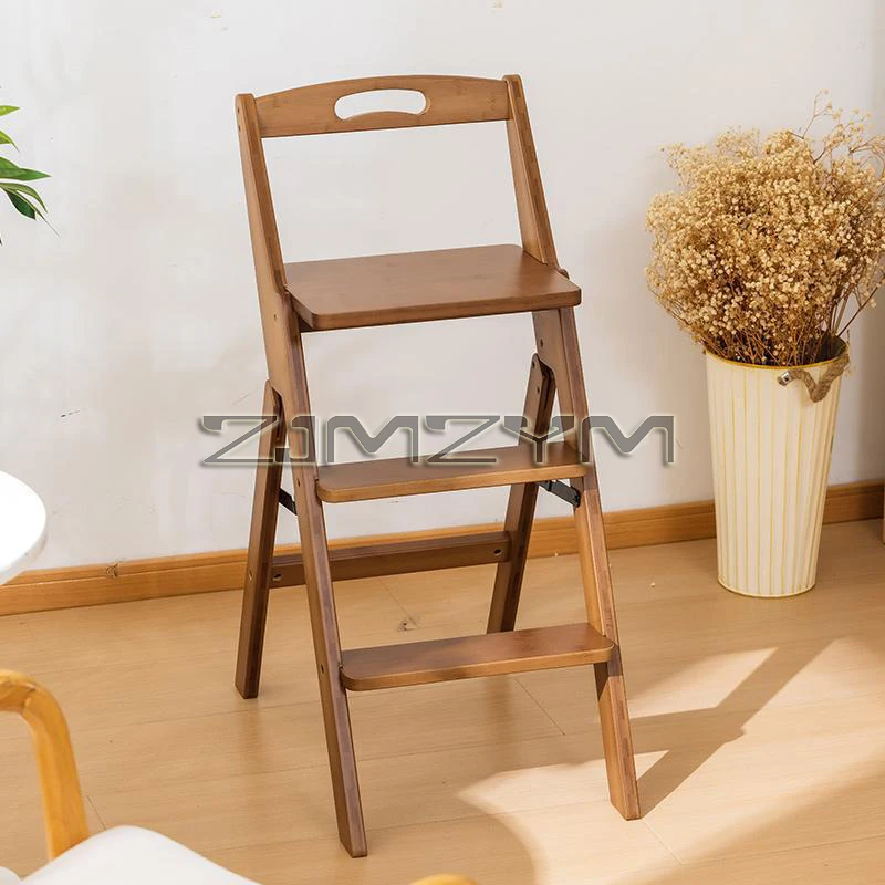 Indoor Climbing Pedal Stairs Multi-function Folding Dual-use Kitchen Ladder Stool Three Steps Solid Wood Back Chair