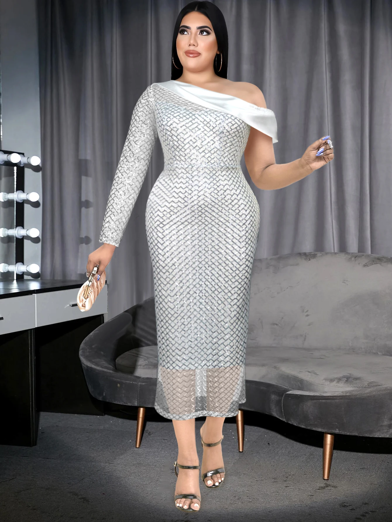 White Sequined Women Plaid Party Dress Sexy Off Shoulder Bodycon Irregular Sleeve Lining Christmas Gown Birthday Event Plus Size