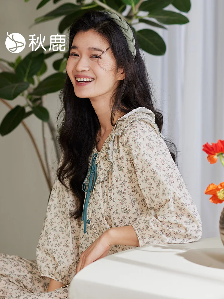 autumn-deer-women's-breathable-lightweight-comfortable-cotton-pajamas-floral-print-nine-quarter-sve-home-clothes