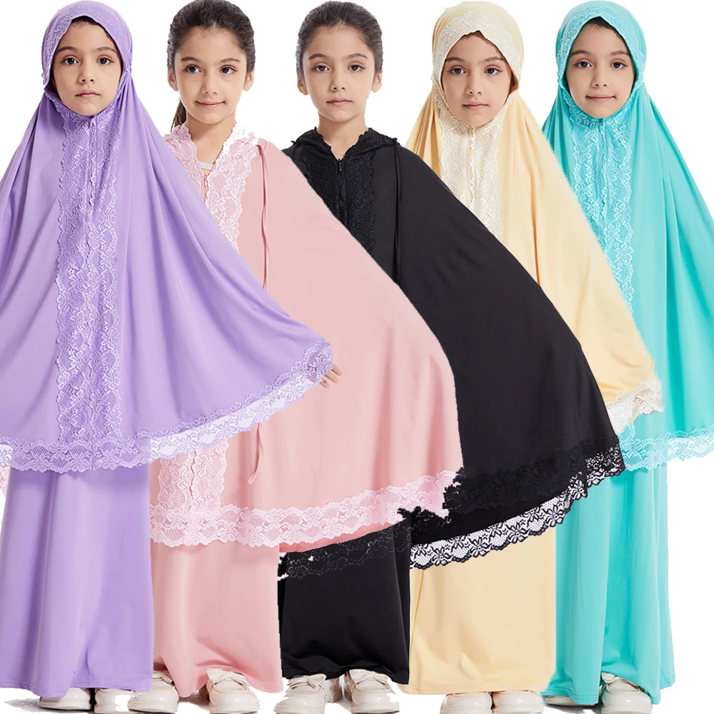 2Pcs Muslim Kids Girl Lace Eid Hooded Hijab Abaya Robe Khimar Tops Skirt Suit Islam Prayer Garment Dress Kaftan Ramadan Clothing