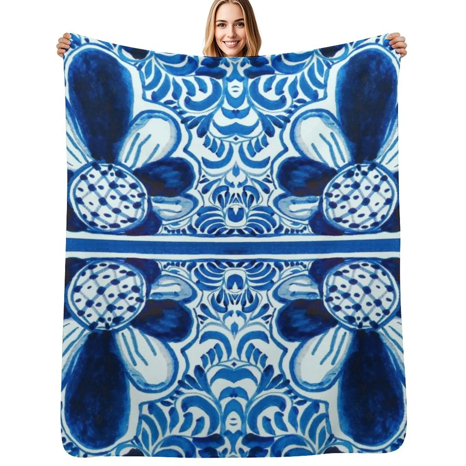 

Blue and White Mexican Talavera Style - Vibrant Bright Blue Mexico Tile Painting, Festive, Colorful New Throw Blanket