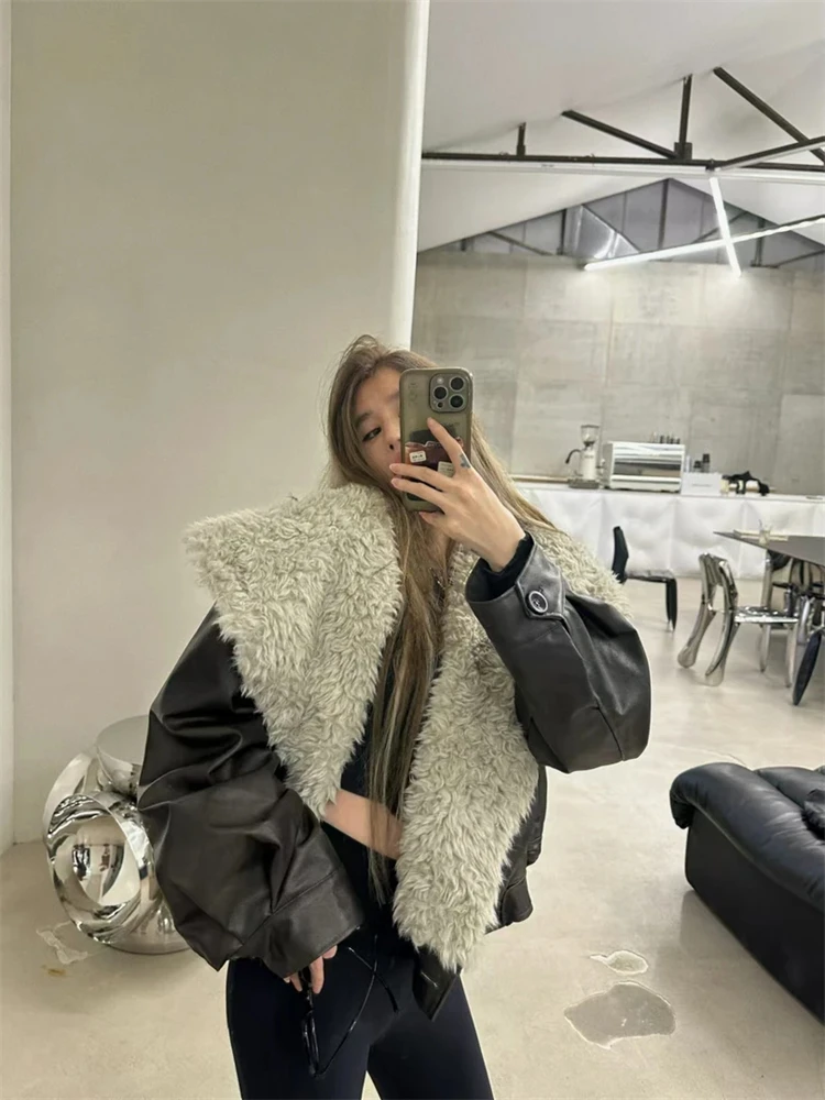 

Sli Bla Leather Jaet Women's Spring Unique Super Beautiful Cardigan Fluffy Collar Commute Faion Warm Long Sve