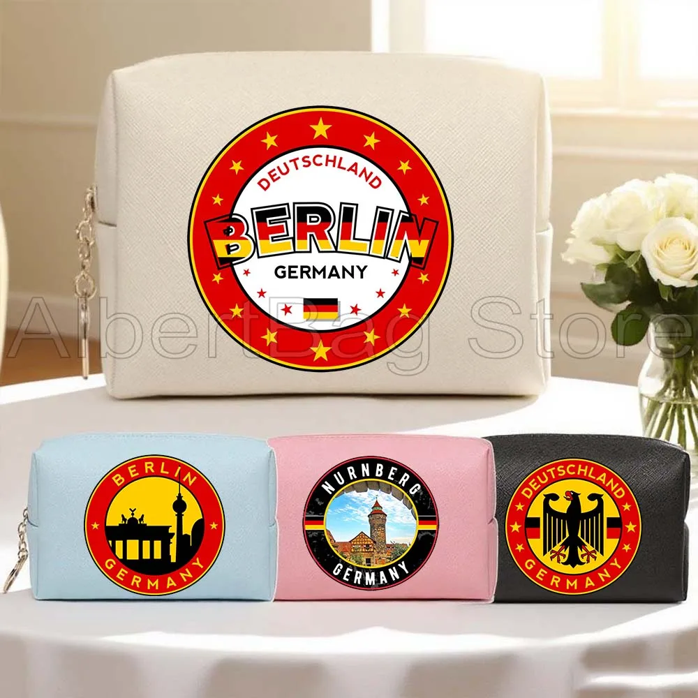 

Germany Deutschland Flag Map Berlin Landmarks Skyline PU Leather Travel Cosmetic Bag Women Makeup Case Waterproof Toiletry Bag