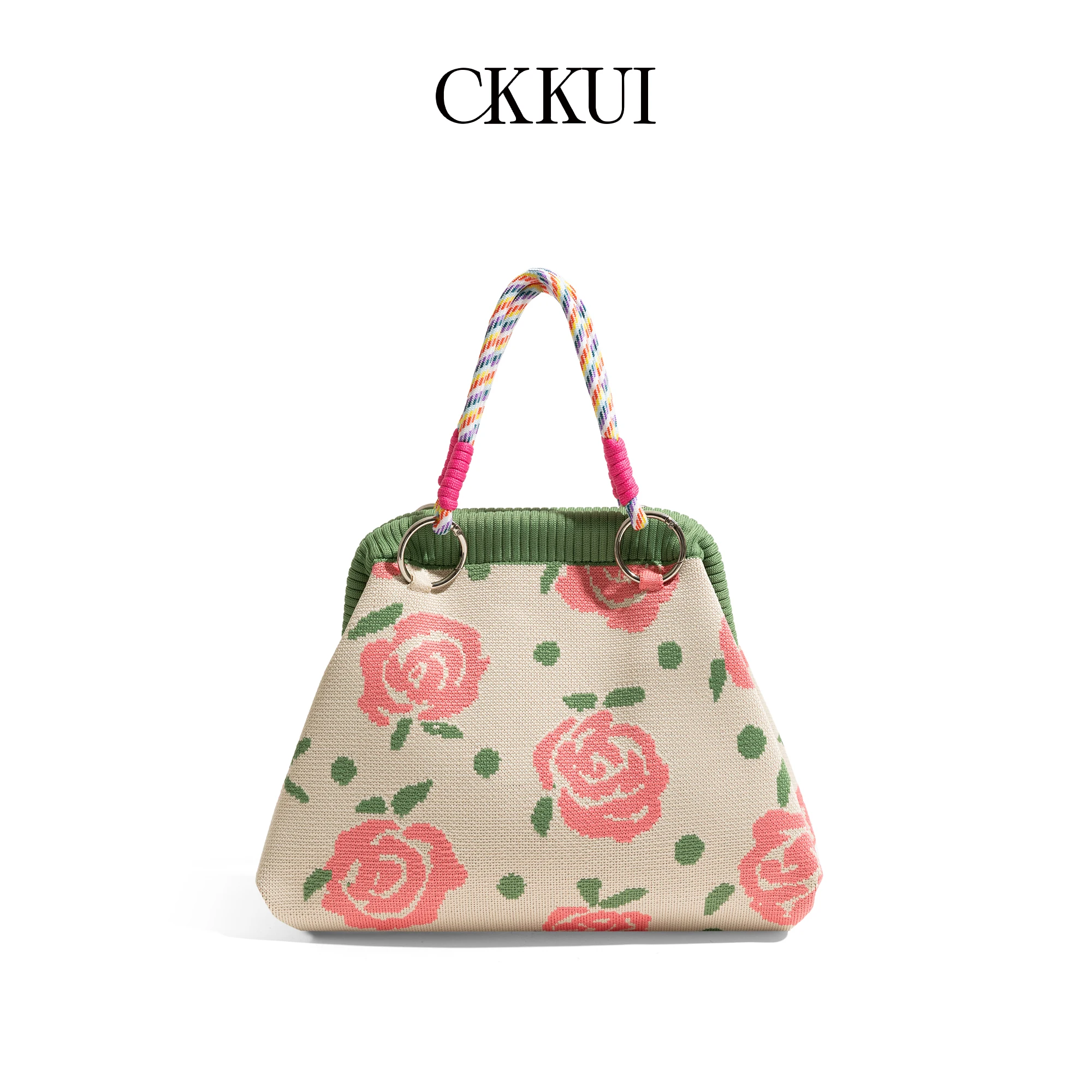 CKKUI Retro Knit Top-Handle Bag, Floral Kiss-lock Mini Tote Purse with Colorful Braided Handle, Cute Women's Handbag for Daily