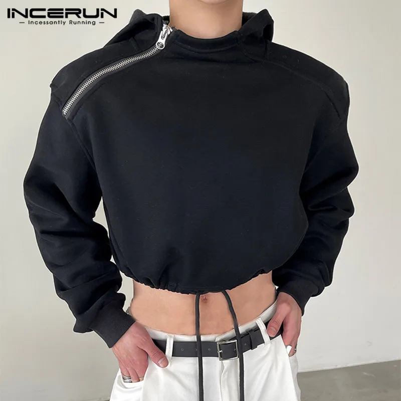 INCERUN 2024 Men Hoodies Solid Color Zipper Hooded Long Sleeve Fashion Casual Sweatshirts Streetwear Personality Crop Tops S-5XL