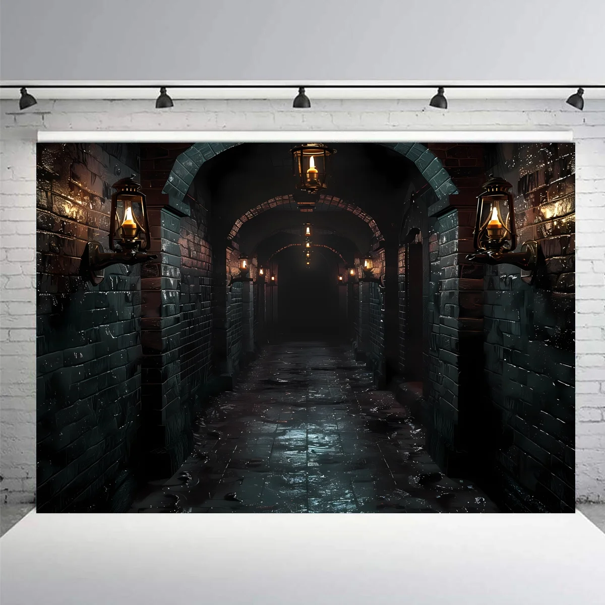 Gothic castle fabric background - versatile polyester walls with old black bricks, stone arches and torches for Halloween