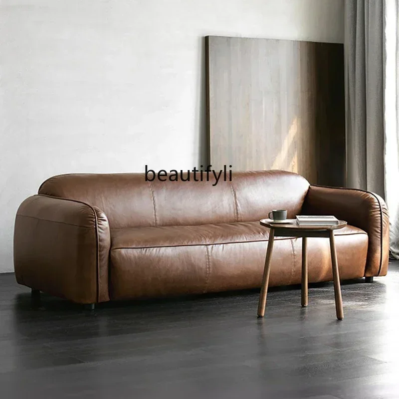 

NQ Italian retro tofu block leather sofa designer living room soft bag straight row sofa