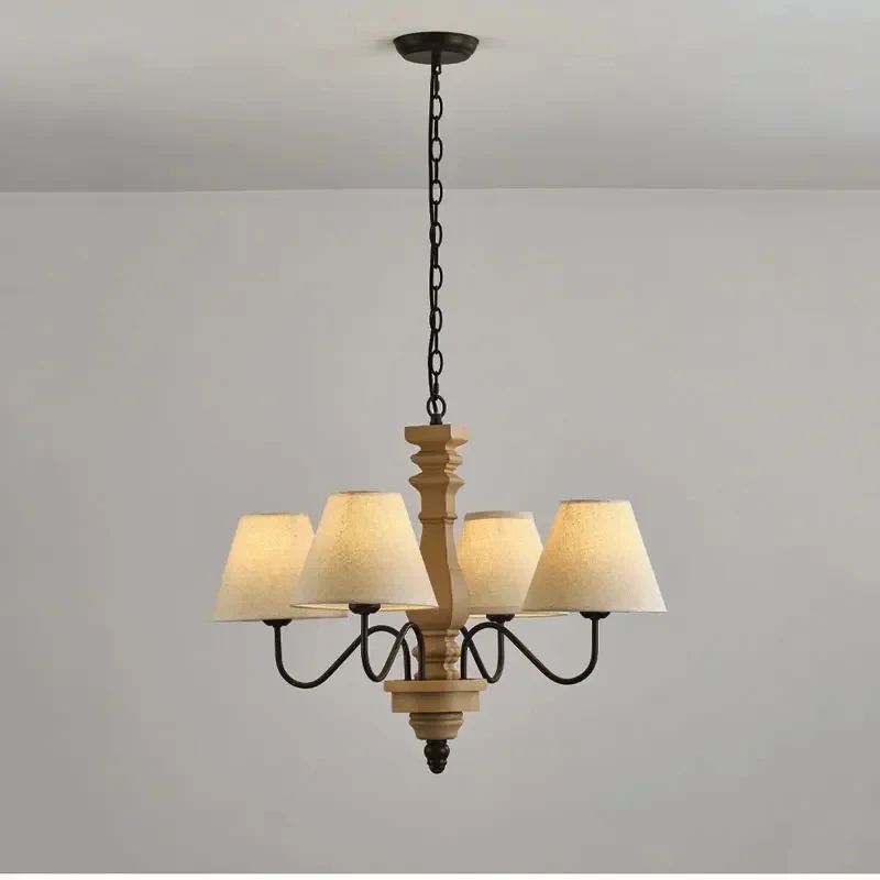 

American Farmhouse Wooden Chandelier Cloth Lampshade Ceiling Pendant Lamp Retro Rustic Hanging Light Restaurant Bedroom Cafe