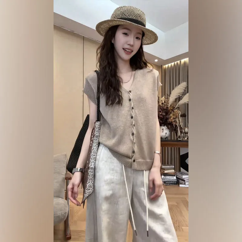 Summer Fashion Set for Women High Waist Wide Leg Pants V-Neck Top plus Size Clothing Versatile Casual Style Polyester Fabric