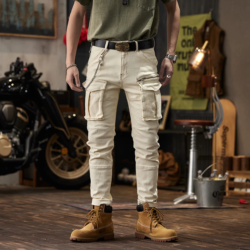 Beige motorcycle jeans men's business shirt fashionable slim-fit stretch multi-pocket fashionable casual motorcycle trousers