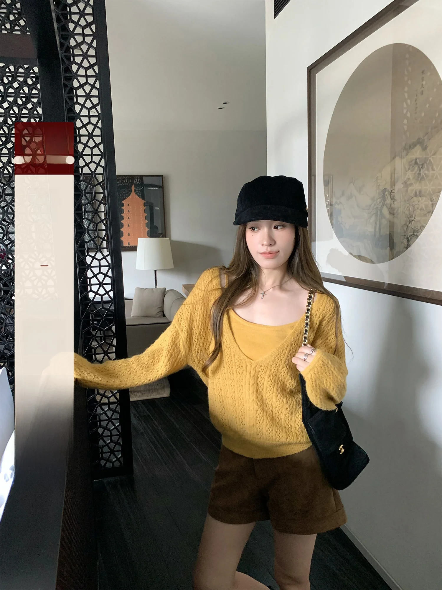 

Вязаный комплект Hhi Yorks Evening Hollow: женский топ с длинным рукавом и жилет, повседневный осенний модный комплект из двух предметов