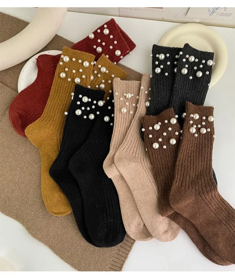 1 Paar modische Perlen-Dekorationssocken für Damen, süße Socken im Prinzessinnen-Stil mit mittlerer Wade im koreanischen Stil, Bekleidungszubehör – Detail 6