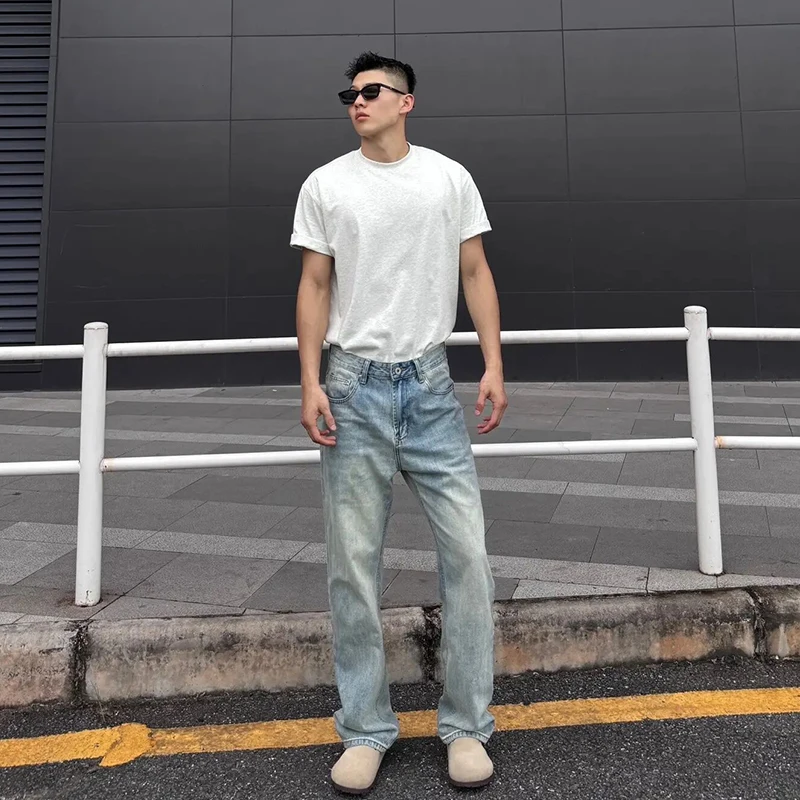 

Retro Blue Men's Straight Leg Jeans Thin Summer Cleanfit American Vibe Micro Flare Knife Jeans Youth Trend Long Pants