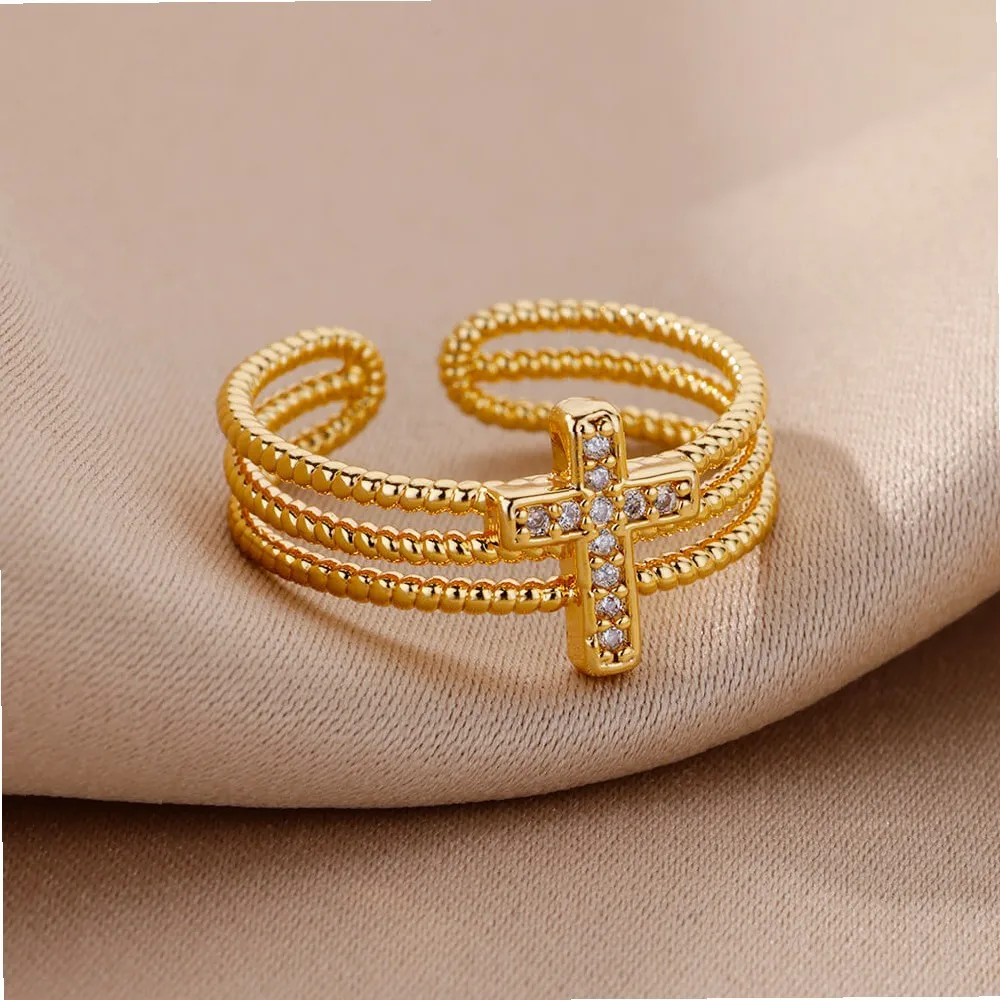 European American Ins Gold Plated Multi-Layer Cross Adjustable Ring for Women, Heavy Industry Niche Fashion Jewelry