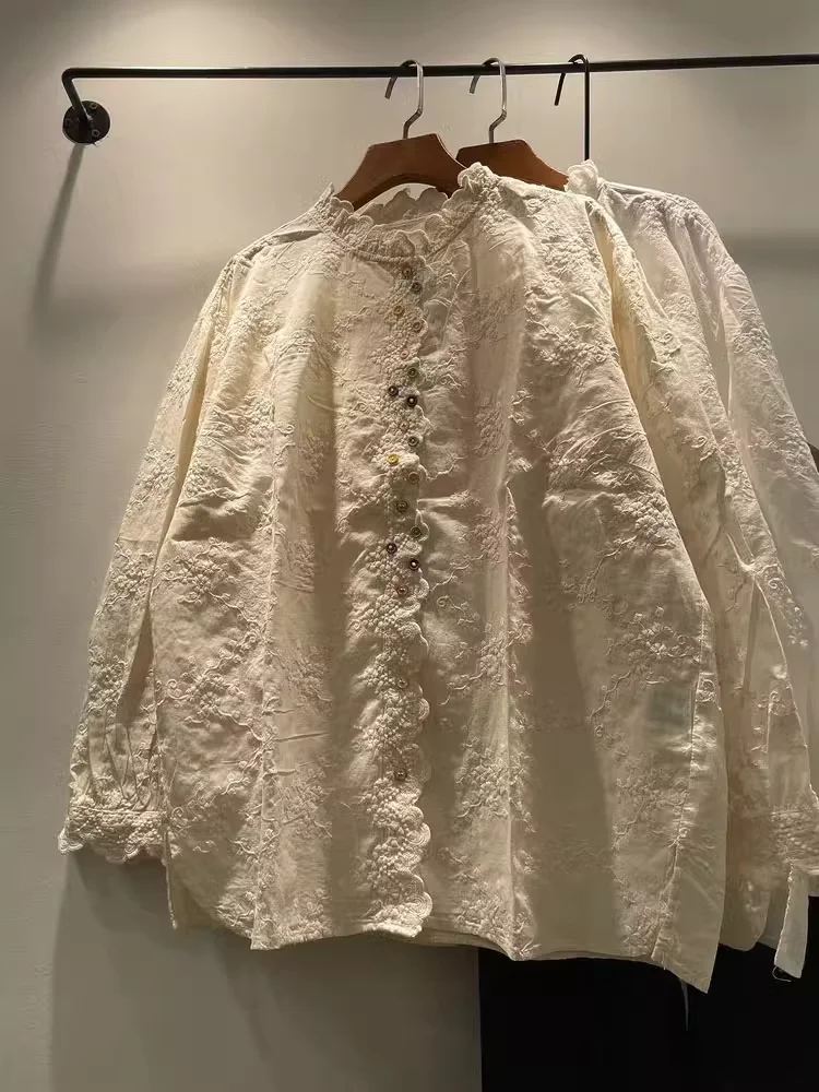 2025 Mori girl lace shirts blouses for women spring Japan style sweet cotton lace embroidery shirts 100% cotton fairy clothing