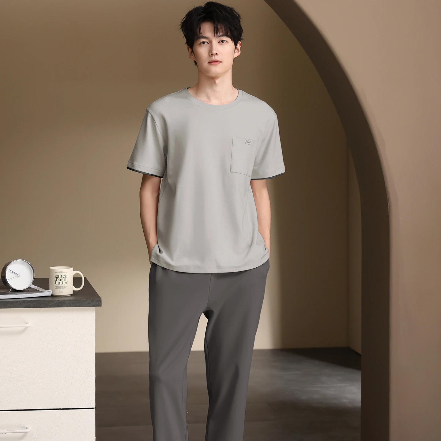 

Мужской комплект пижамы: летние топы с коротким рукавом + длинные брюки, полностью хлопковая ночная одежда, домашняя одежда, простые модные пижамы для мужчин