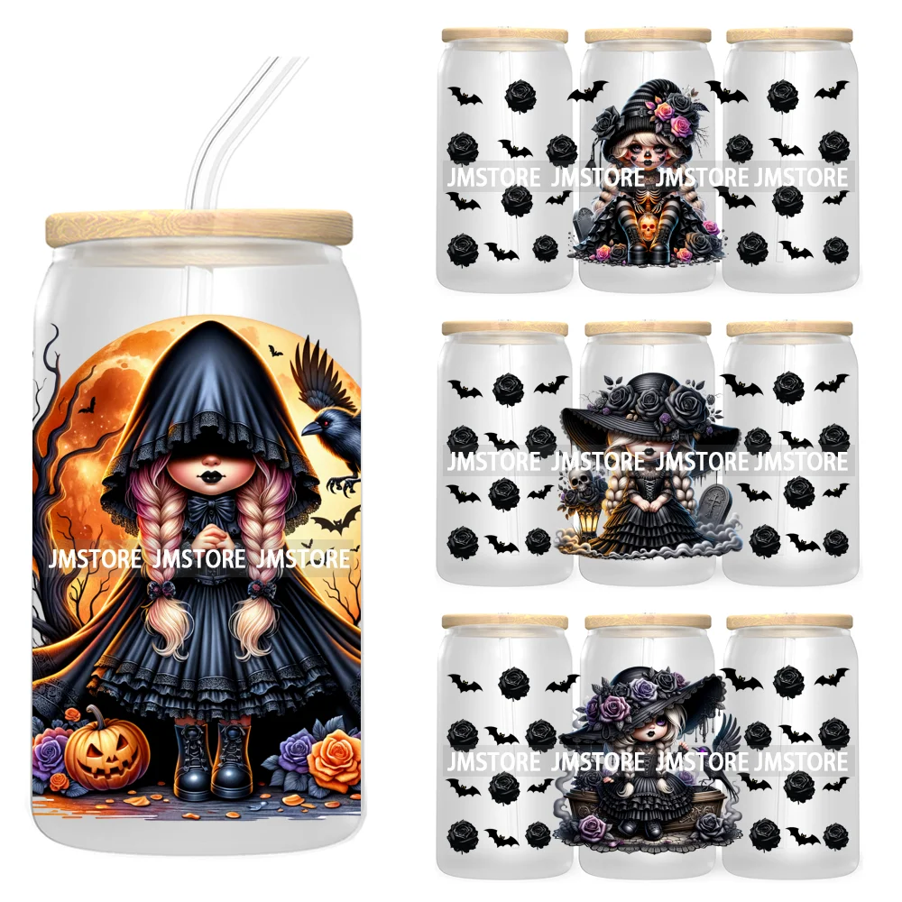 

Gothic Girl Gnomes Halloween 16OZ UV Cup Wrap DTF Transfer Stickers For Libbey Glass Can Cups Tumbler Labels Spooky Bats Witch