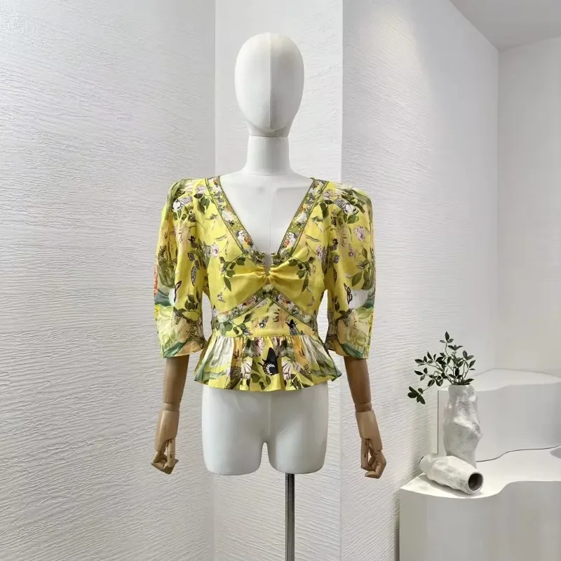 Women's Yellow Linen Floral Print High Quality V-neck Pullover Blouse and Elastic Wasit Side Zipper Shorts Set