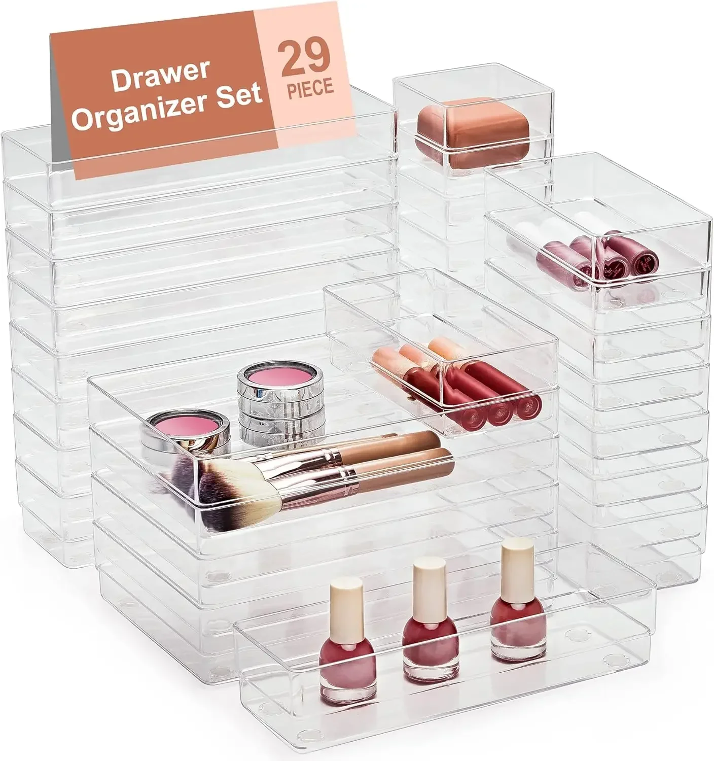 29-Piece Drawer Organizer with Non-Slip Silicone Pads 4-Size Desk Drawer Organizer Trays Storage Tray for Makeup Jewelries