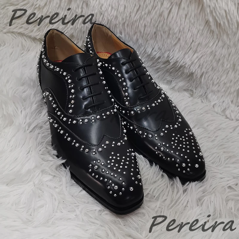 

Black Genuine Leather Rivet Men's Shoes Fashion Square Toe Lace-Up Formal Loafers Fashion Party Wedding Business Dress Shoes