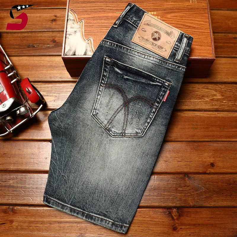 Celana pendek DENIM ฤดูร้อนระดับไฮเอนด์สำหรับผู้ชายทรงสลิมฟิตกางเกงขาสั้นแฟชั่นเข้ากับทุกชุดแนวสตรีท