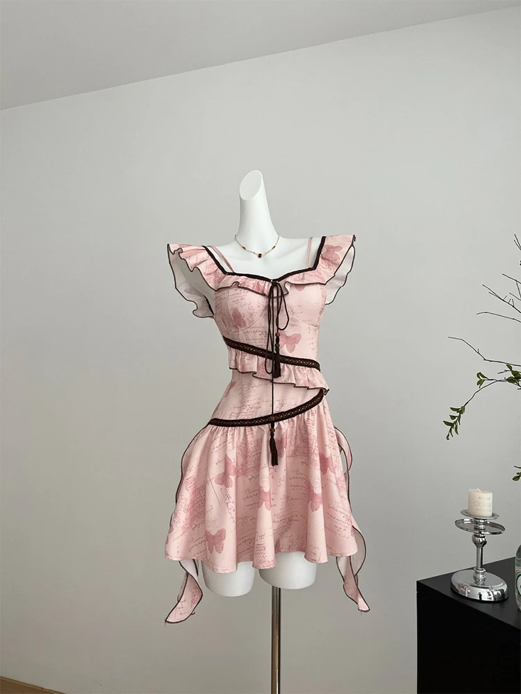 Summer Sweet Gyaru Mini Sleeveless Square Collar Mini Dress Women 2000s Frock One-Piece Coquette Ballet Core French Vintage Mori