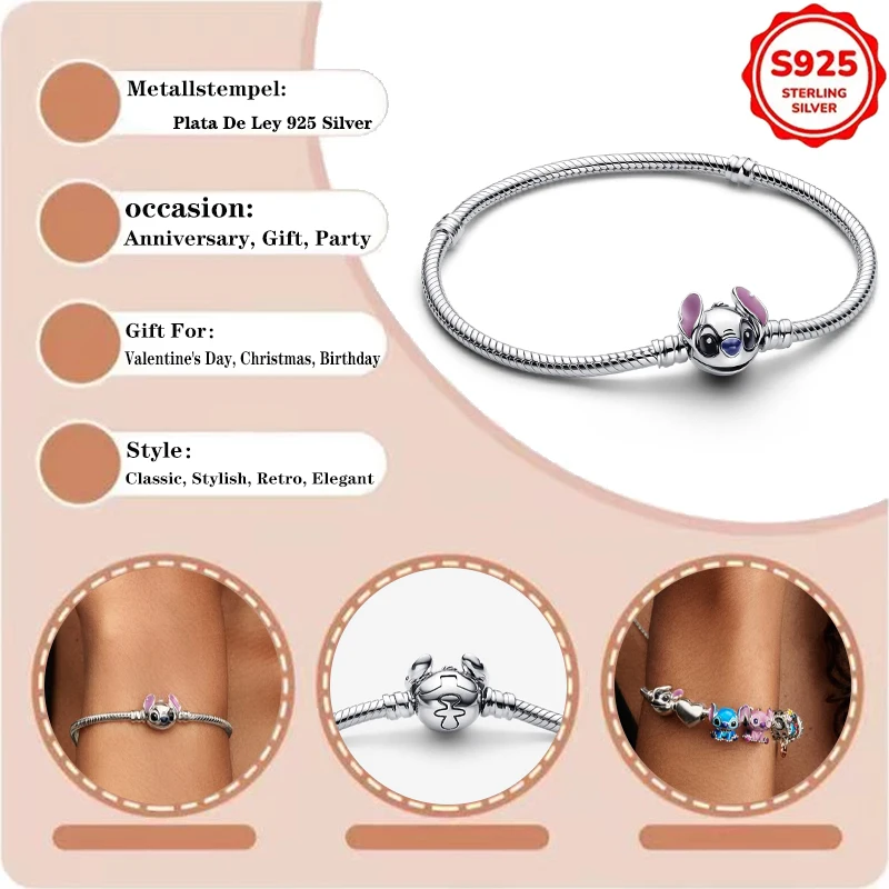 

New Disney Stitch Snake Chain Bracelet Plata De Ley 925 Silver Fit Original Women Jewelry Charm Pendant Beads DIY Making Gift