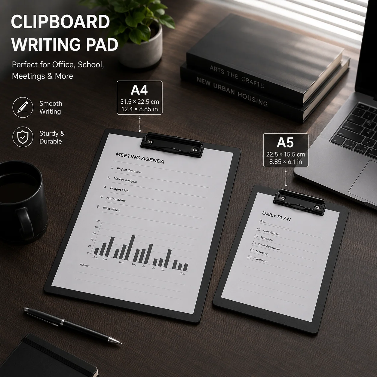 

Black Clipboard Writing Pad, A4/A5 Sizes Available, Durable Clipboard with Metal Clip for Office, School, Meetings, Nursing