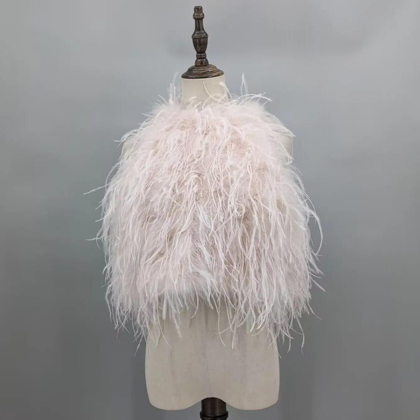 Women Light Pink Real Ostrich Feather Sleeveless Crop Top Back Tie Vest Wedding Party Banquet Evening Outfit 22A0619