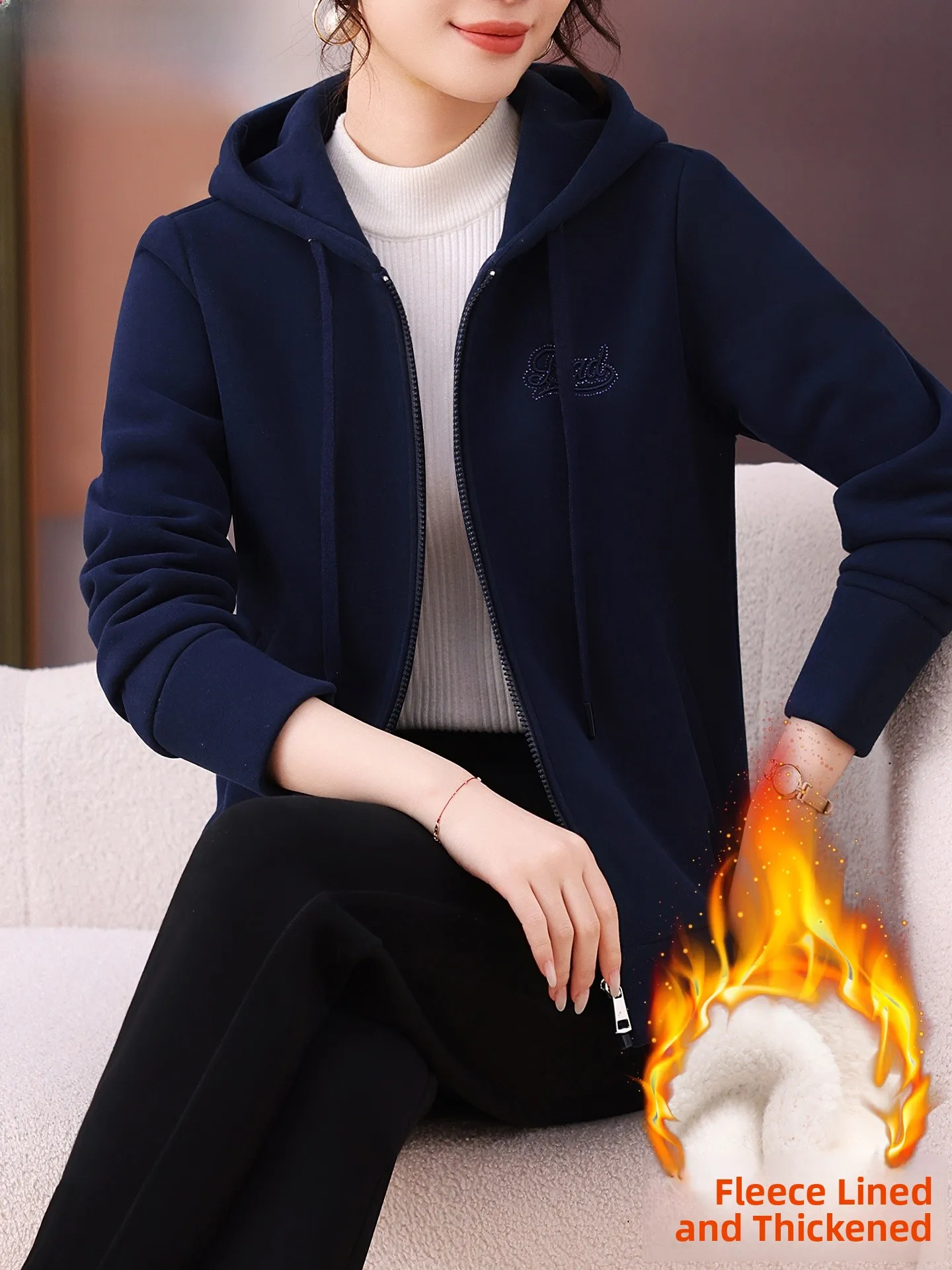 

Thiened Fce Women's Sportswear Set Winter Casual Outerwear Coat Pants Two-Piece Suit Mom Clothes Warm Cotton Polyester