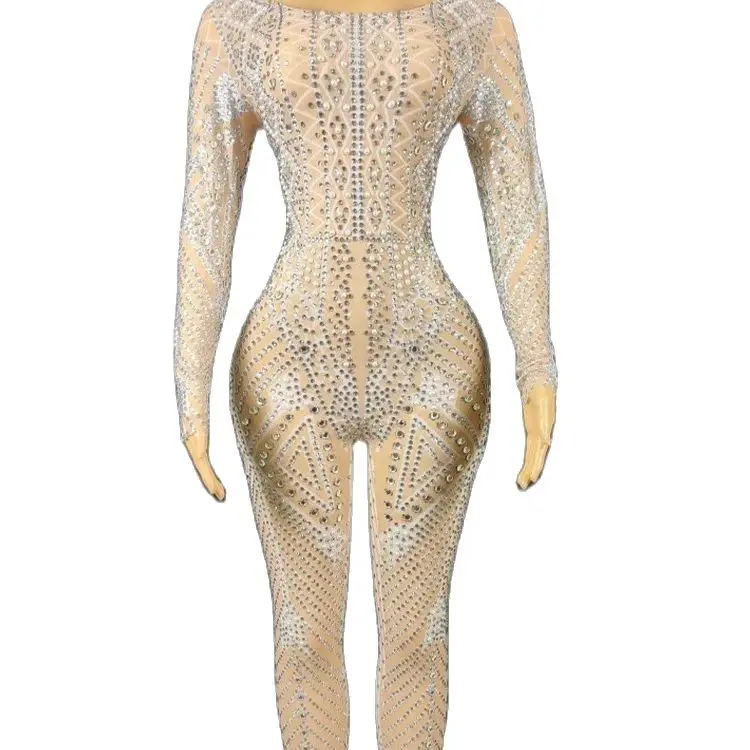 Luxury Show sexy rhinestone party mesh jumpsuit adult performance wear European and American fashion women's clothing