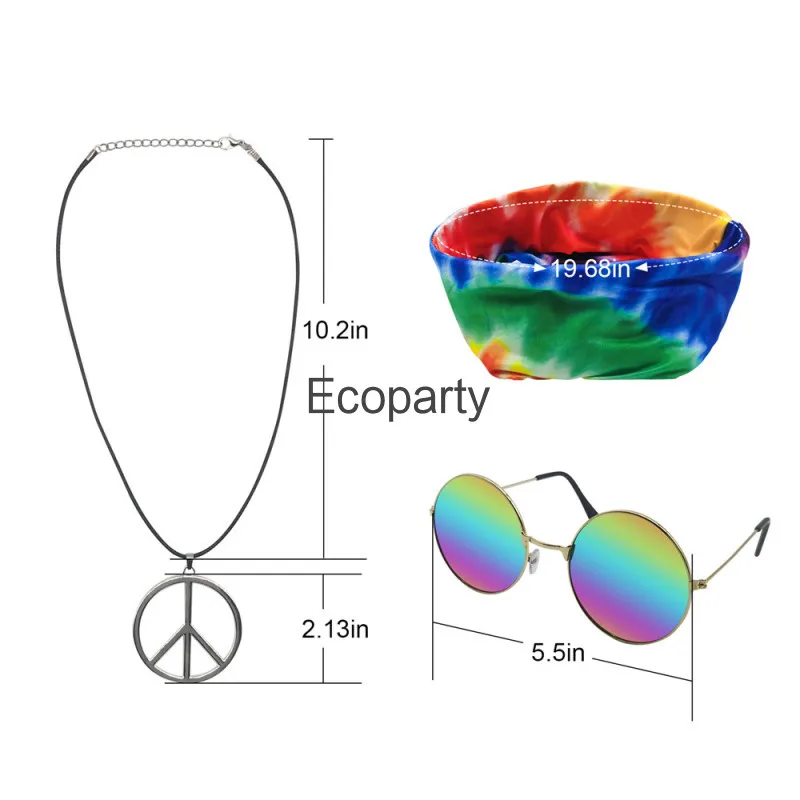 New Hippie Costume For Men Momen 60s 70s Colorful Tie-Dye T-Shirt With Glasses Necklace Scarf Earring Set Hip Hop Party Dress Up