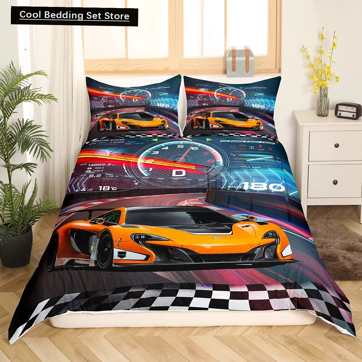 

Race Car King Queen Duvet Cover Boys Extreme Sports Bedding Set 3D Cool Speedometer Quilt Cover Soft Polyester Comforter Cover