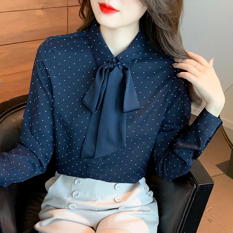 

Autumn Fashion Polka Dot Printing Chiffon Shirts Women Clothing Vintage Y2K Bow Tops Casual Loose Temperament Commute Blouse