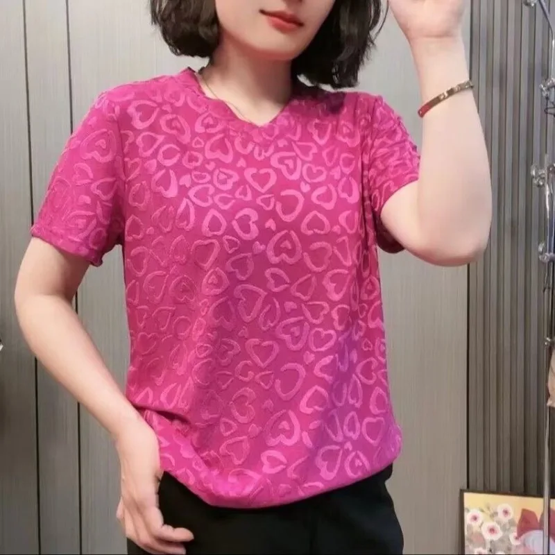 2024 Temperament New Short Sleeved Printed V-neck Pullover Summer Women's Fashion Simple Casual Versatile Loose T-shirt Tops