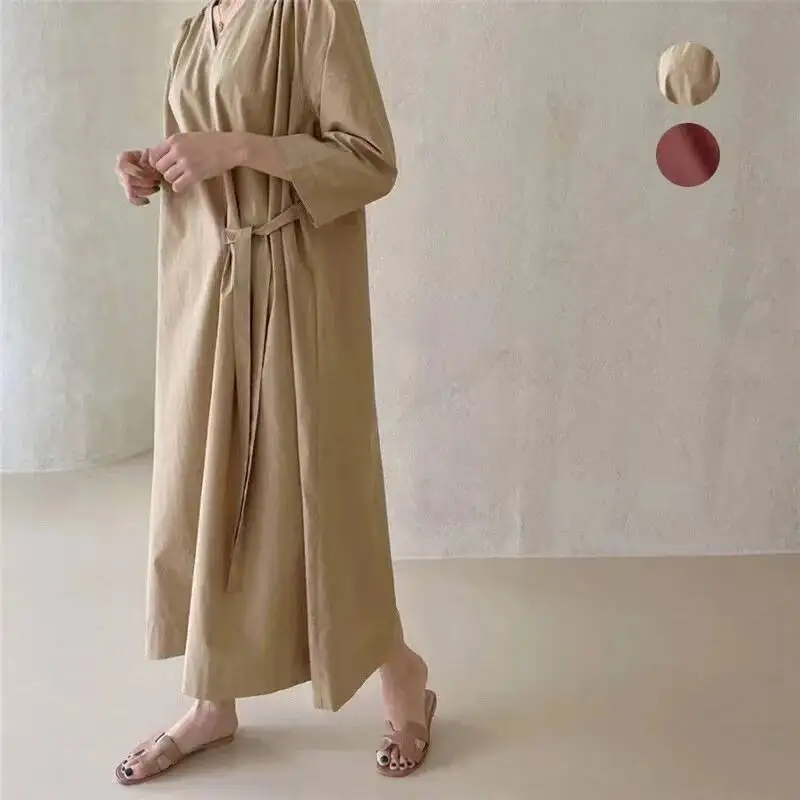 

Новое простое повседневное свободное платье в японском и корейском стиле с V-образным вырезом, длинное, с рукавом три четверти, из шифона, с завязками, для женщин, класса люкс