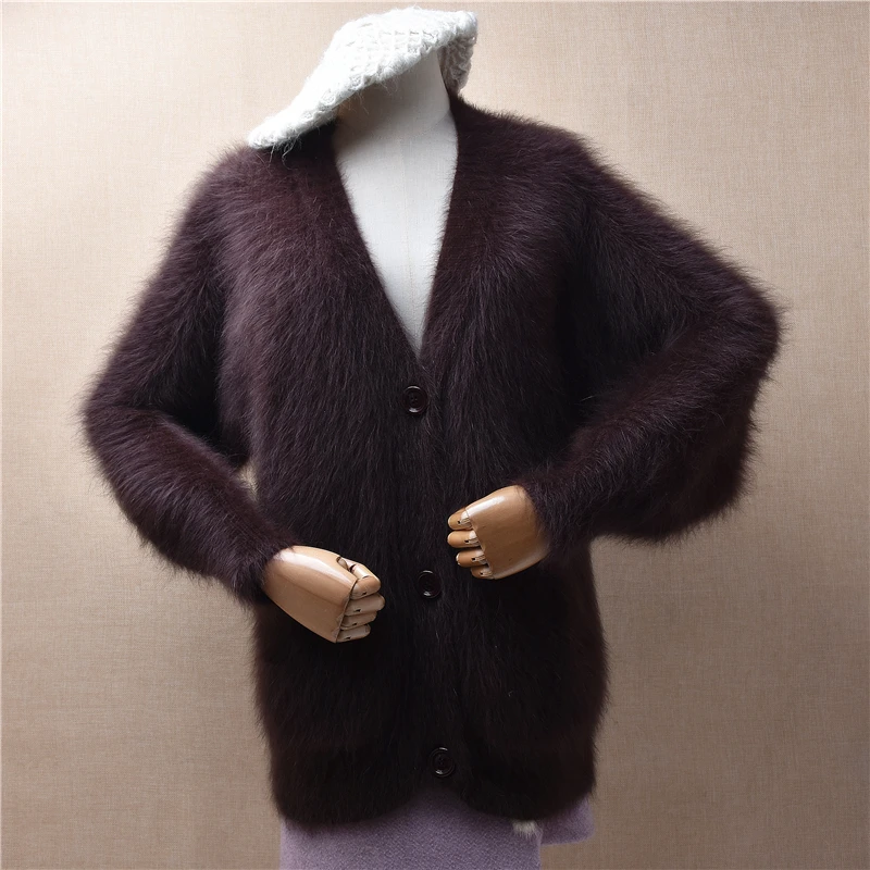 

Women Mujer Autumn Winter Clothing Hairy Plush Mink Cashmere Knitted V-Neck Long Batwing Sleeves Angora Fur Sweater Jacket Coat