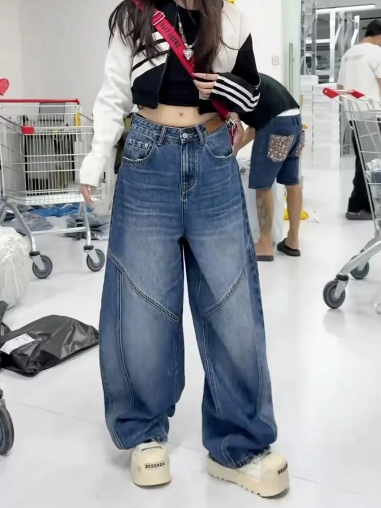 ارتفاع الخصر فضفاضة تناسب الأزرق الدنيم الجينز المرأة حجم كبير مستقيم الساق السراويل الخريف Faion الكمثرى القرد الجسم التخسيس بنطلون