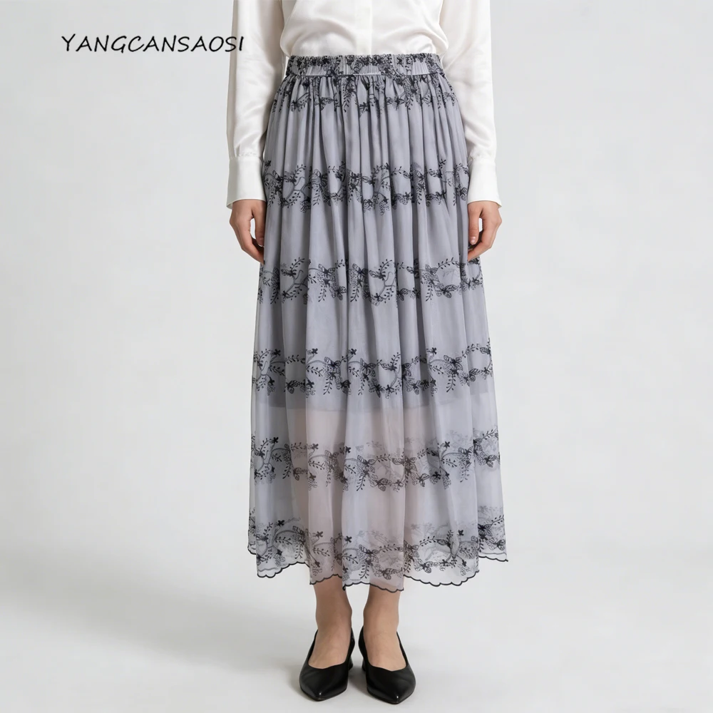 

Юбка из 95% натурального шелкового шифона, женская трехслойная расклешенная юбка с вышивкой, серая струящаяся юбка, летняя коллекция 2026