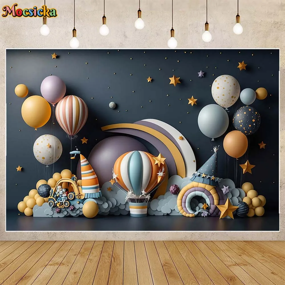 

Mocsicka Hot Air Balloon Newborn Photography Background Dark Blue Wall Boys Birthday Cake Smash Party Decor Backdrop Studio Prop