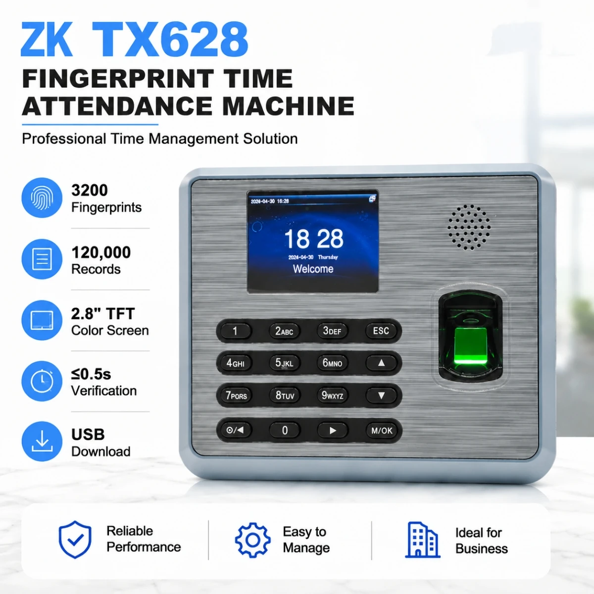ZK TX628 Fingerprint Time Attendance Machine 3200 Fingerprints Employee Time Clock TCP/IP USB Download Attendance Recorder