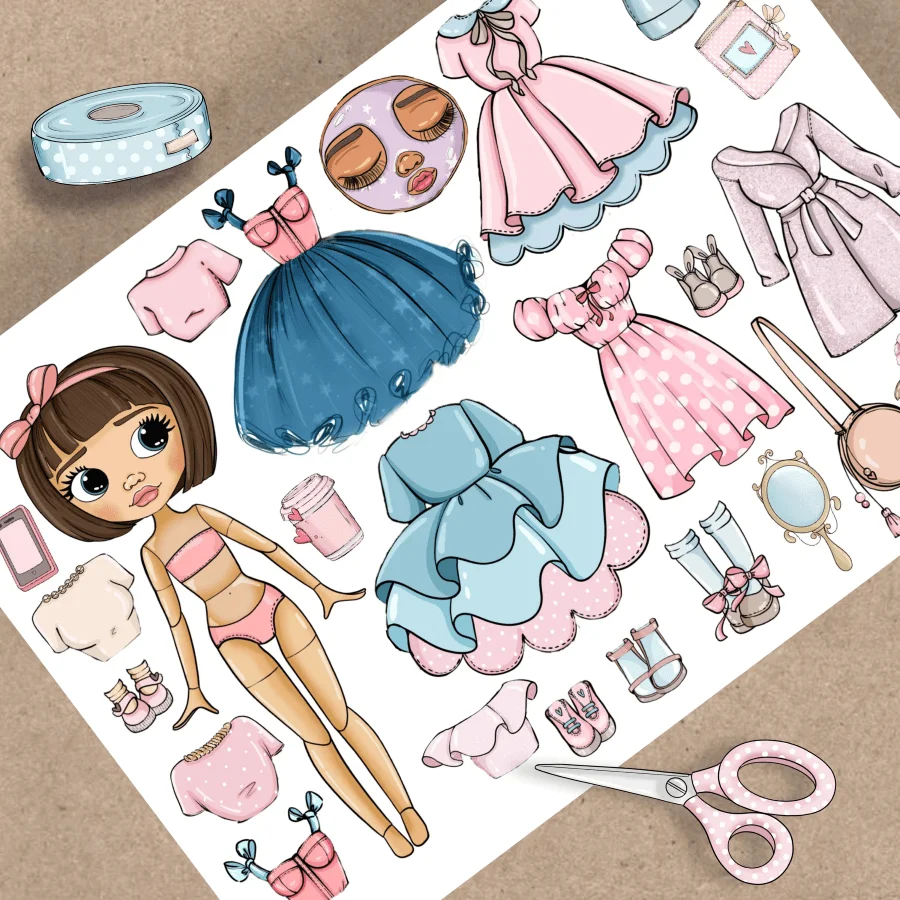 

Fashionable short haired girl dressing up cute girl heart takes care of babies, children's fun dressing up quiet book toys puzzl
