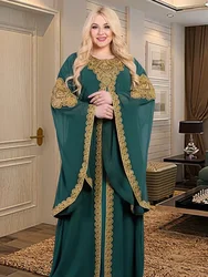 Party Dresses for Women Abaya Muslim Caftan 2 Piece Set Eid Flare Sleeves Robe Embroidered Gold Lace Dress Suit Jalabiya Ramadan