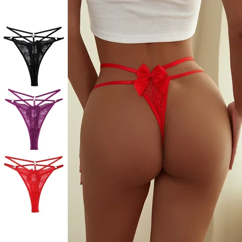 

Sexy Hollowed Out Lace Thong for Women G-String Tanga Panties Woman Bow Thin Belt Underpants Seductive Underwear T-shaped Pants