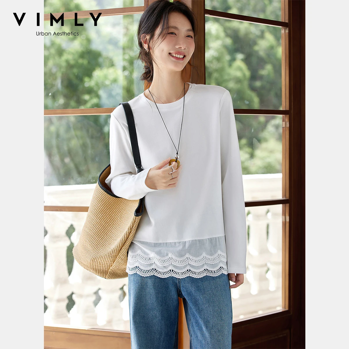 

VIMLY Cotton Woman White T-shirts French Spliced Lace Hem Casual Knit Lady Tees 2025 Autumn Loose Long Sleeve Female Tops A2087