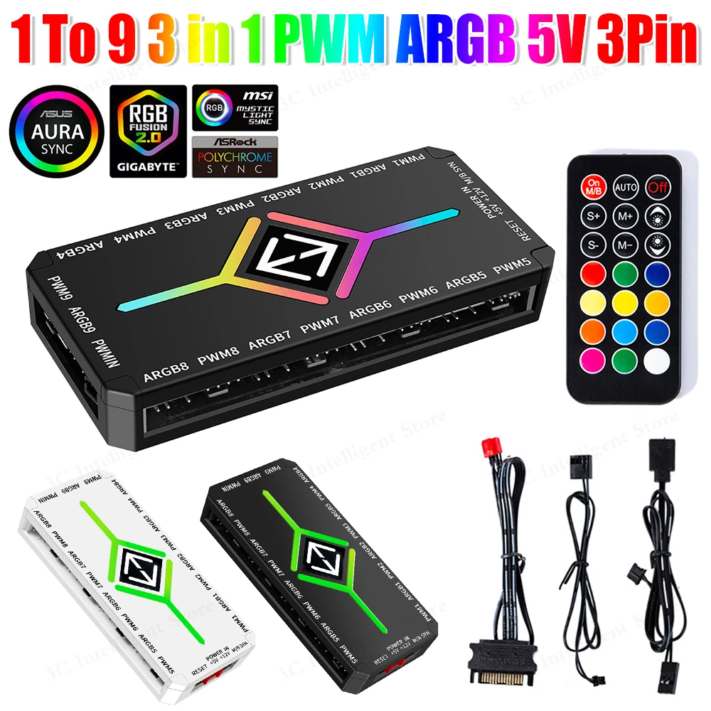 1 To 9 Ports 3 in 1 PWM Fan Hub SATA Power Supply PWM Magnetic Fan Hub Splitter PWM & ARGB Hub Splitter for Computer PC Case Fan