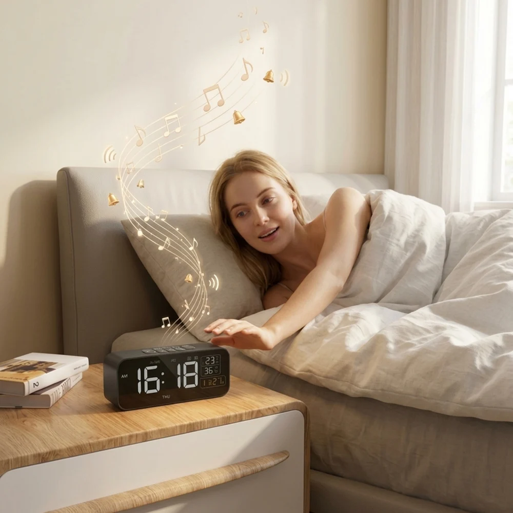 Digital Alarm Clock  Temperature  Humidity Display Date Week Calendar Alarm Tone Adjustable Brightness  Sound Desk Clock