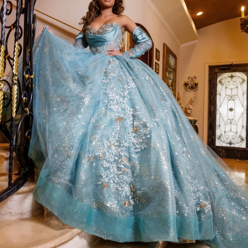 Aqua bleu brillant princesse hors De l'épaule douce 16 robe robes De Quinceanera appliques perles tulle fête d'anniversaire robes 15 De
